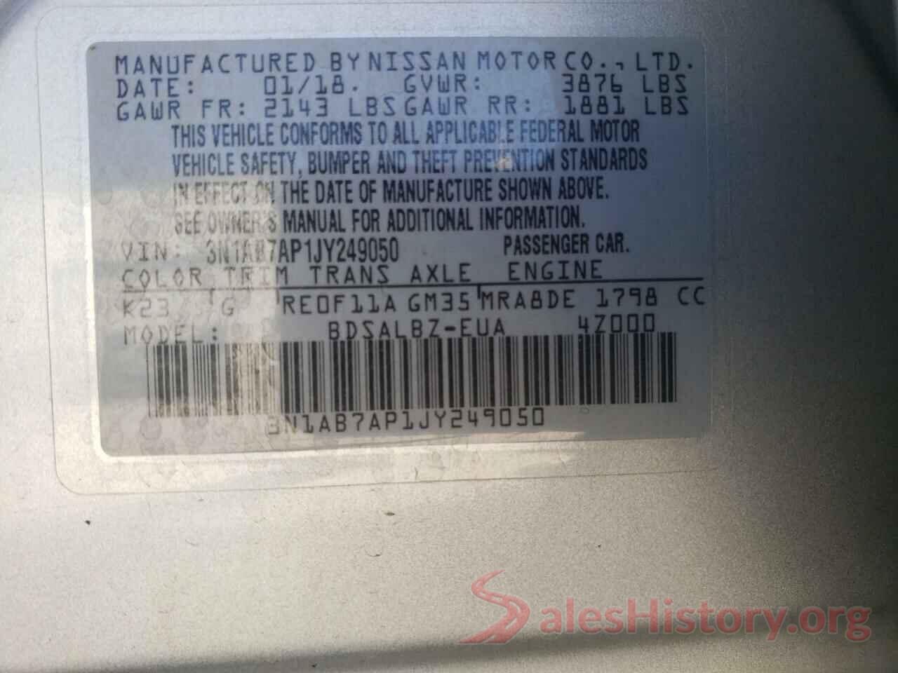 3N1AB7AP1JY249050 2018 NISSAN SENTRA