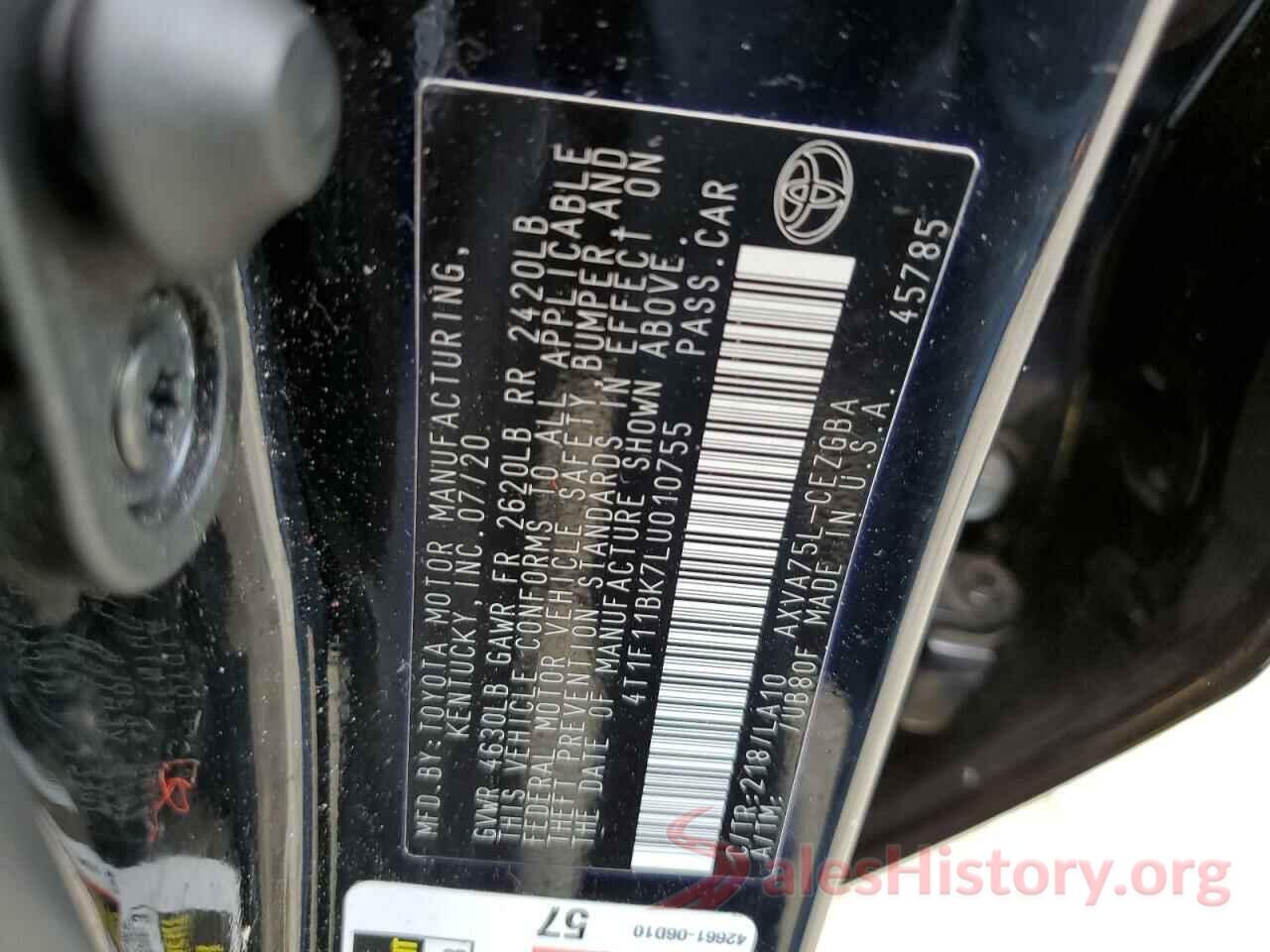 4T1F11BK7LU010755 2020 TOYOTA CAMRY