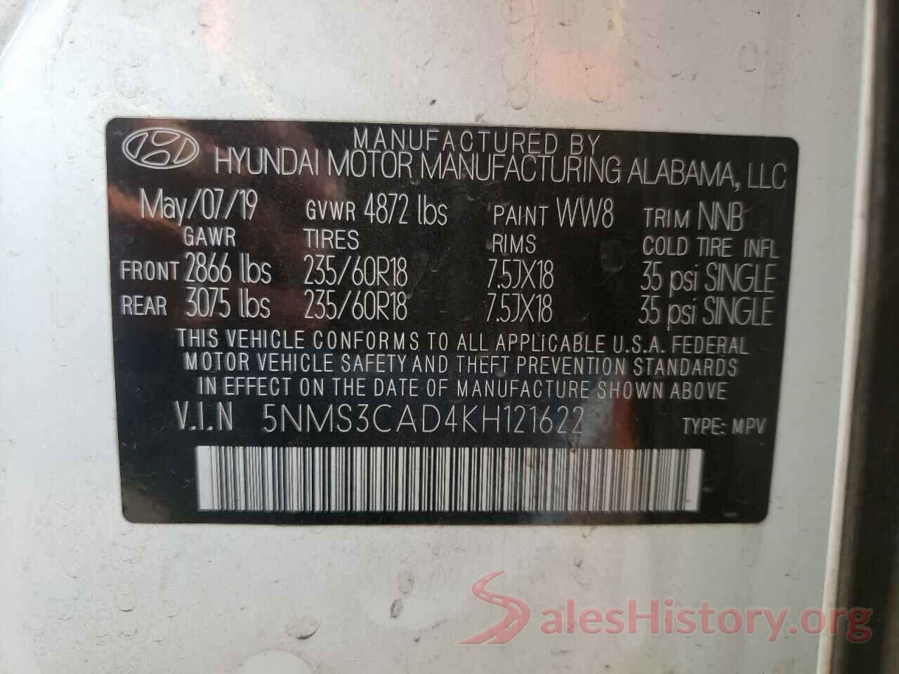 5NMS3CAD4KH121622 2019 HYUNDAI SANTA FE