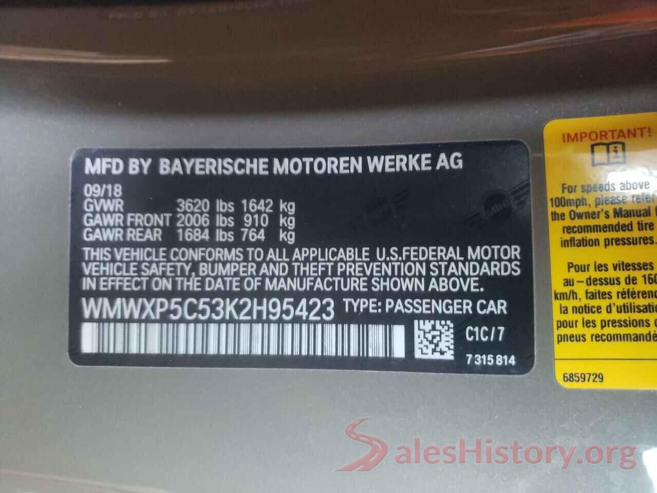 WMWXP5C53K2H95423 2019 MINI COOPER