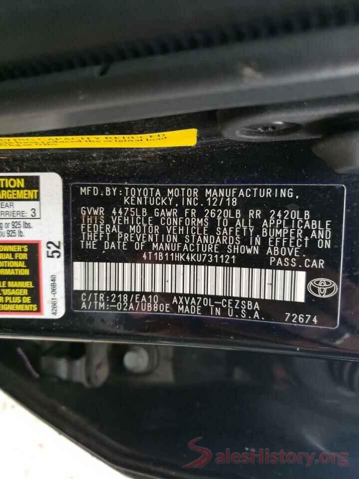 4T1B11HK4KU731121 2019 TOYOTA CAMRY