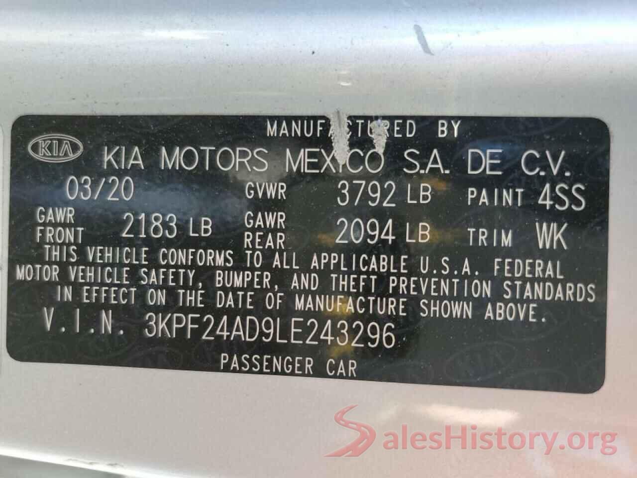 3KPF24AD9LE243296 2020 KIA FORTE