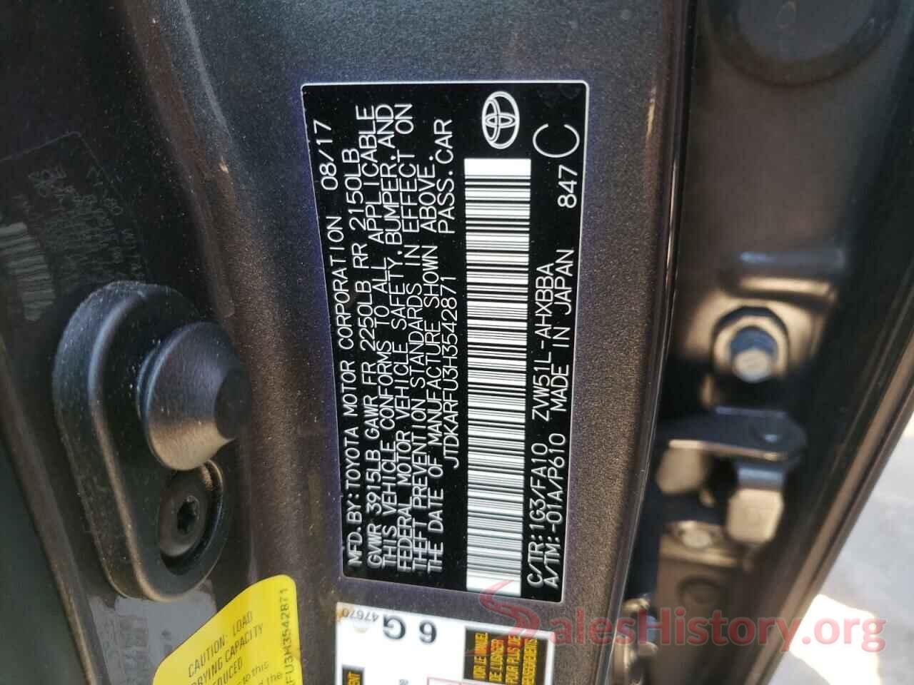 JTDKARFU3H3542871 2017 TOYOTA PRIUS