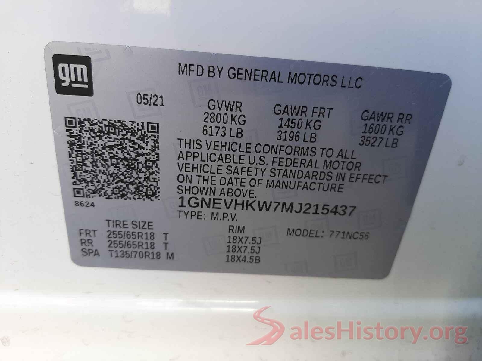 1GNEVHKW7MJ215437 2021 CHEVROLET TRAVERSE