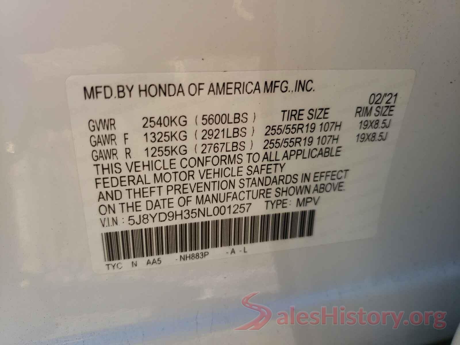 5J8YD9H35NL001257 2022 ACURA MDX