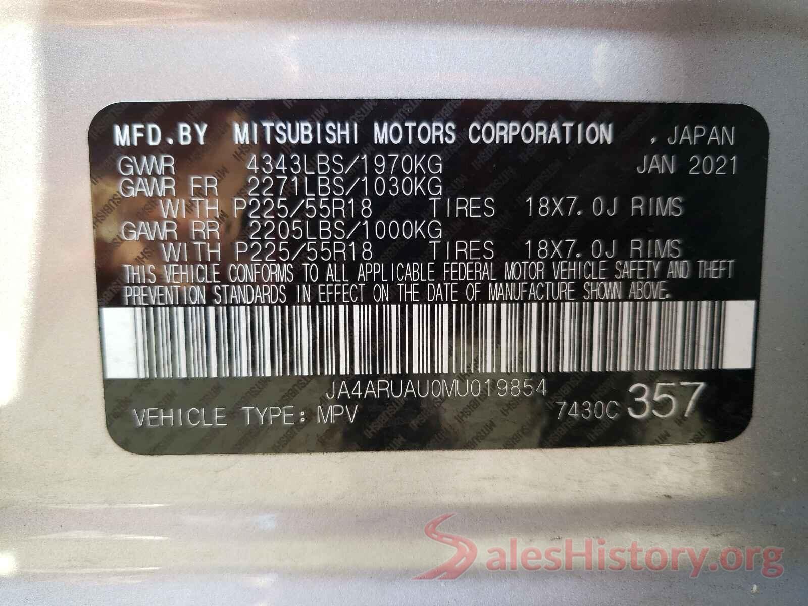 JA4ARUAU0MU019854 2021 MITSUBISHI OUTLANDER