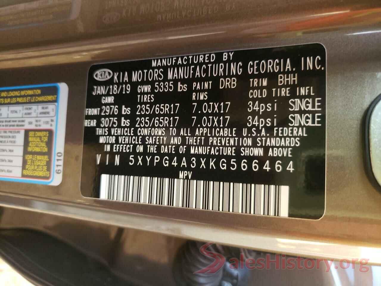 5XYPG4A3XKG566464 2019 KIA SORENTO