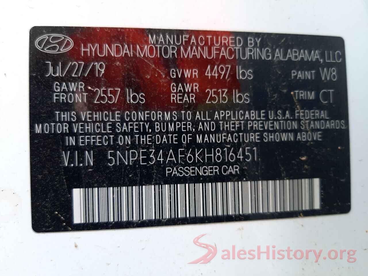 5NPE34AF6KH816451 2019 HYUNDAI SONATA