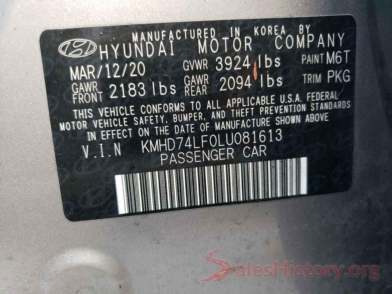 KMHD74LF0LU081613 2020 HYUNDAI ELANTRA