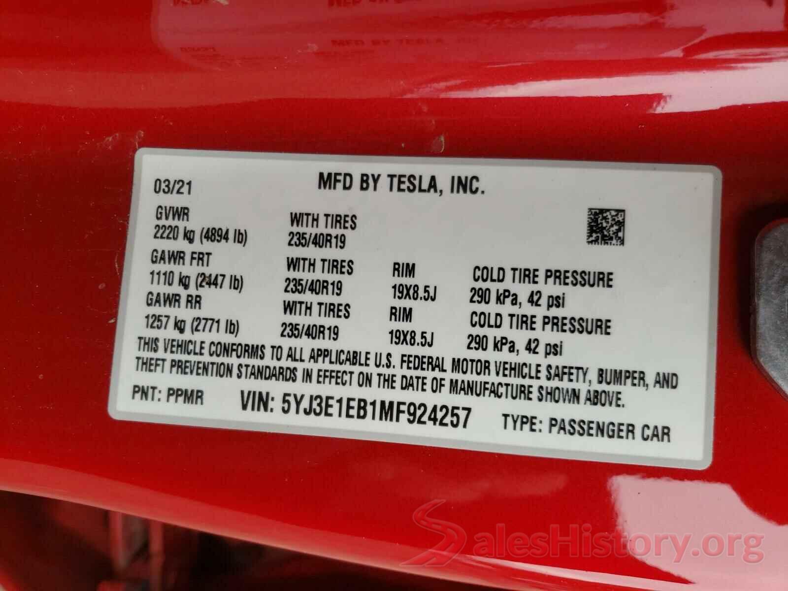 5YJ3E1EB1MF924257 2021 TESLA MODEL 3