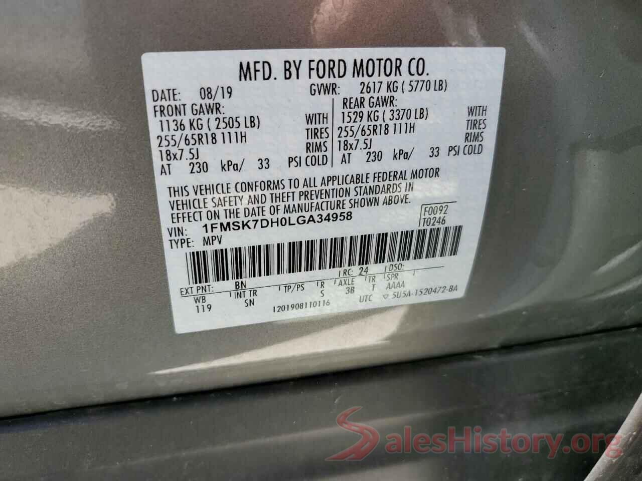 1FMSK7DH0LGA34958 2020 FORD EXPLORER