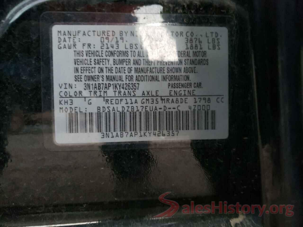 3N1AB7AP1KY426357 2019 NISSAN SENTRA