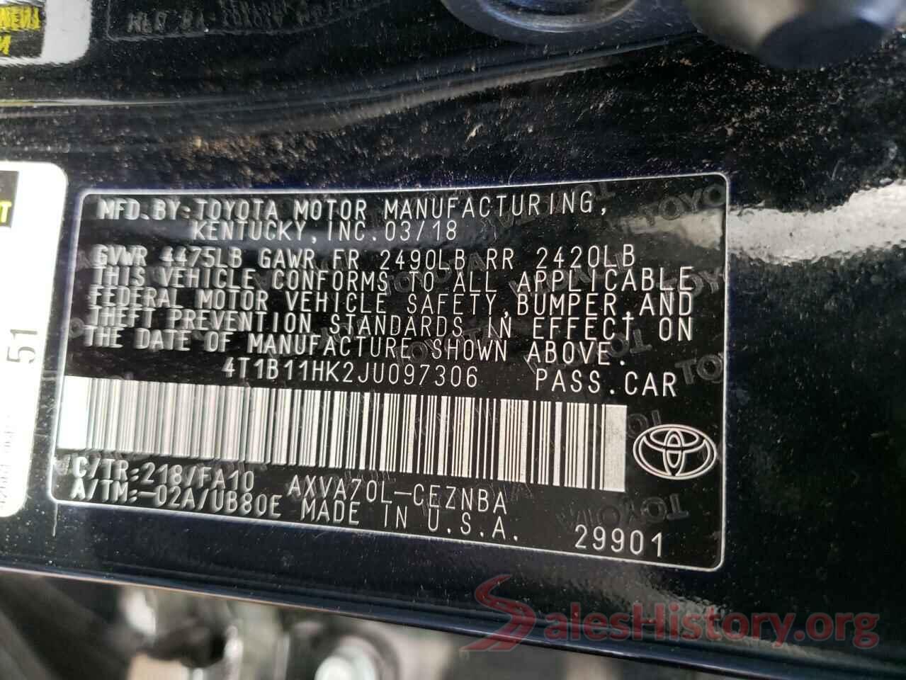 4T1B11HK2JU097306 2018 TOYOTA CAMRY