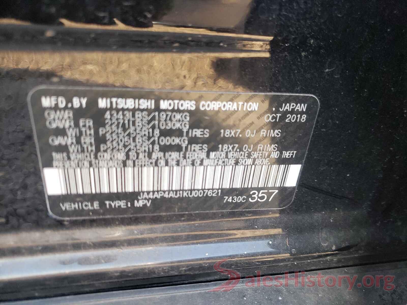 JA4AP4AU1KU007621 2019 MITSUBISHI OUTLANDER