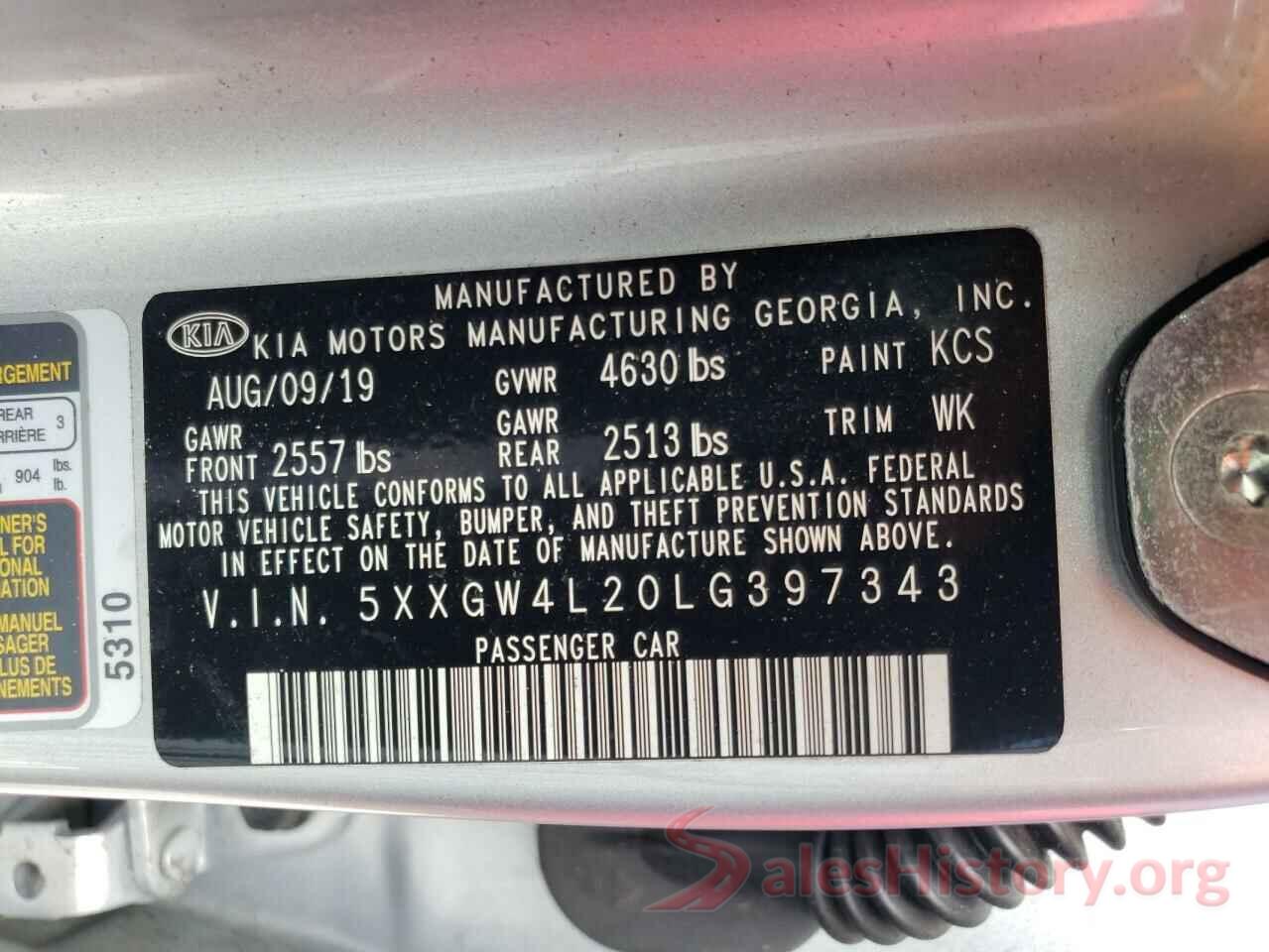 5XXGW4L20LG397343 2020 KIA OPTIMA