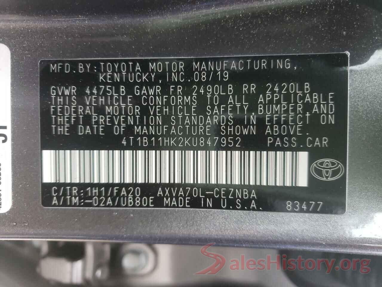 4T1B11HK2KU847952 2019 TOYOTA CAMRY