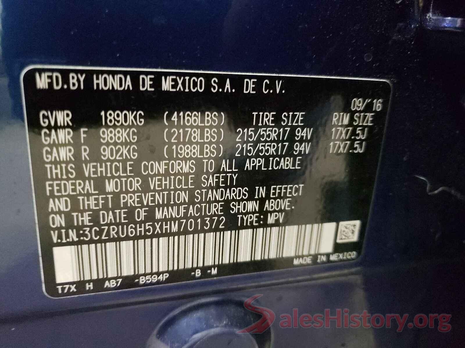 3CZRU6H5XHM701372 2017 HONDA HR-V