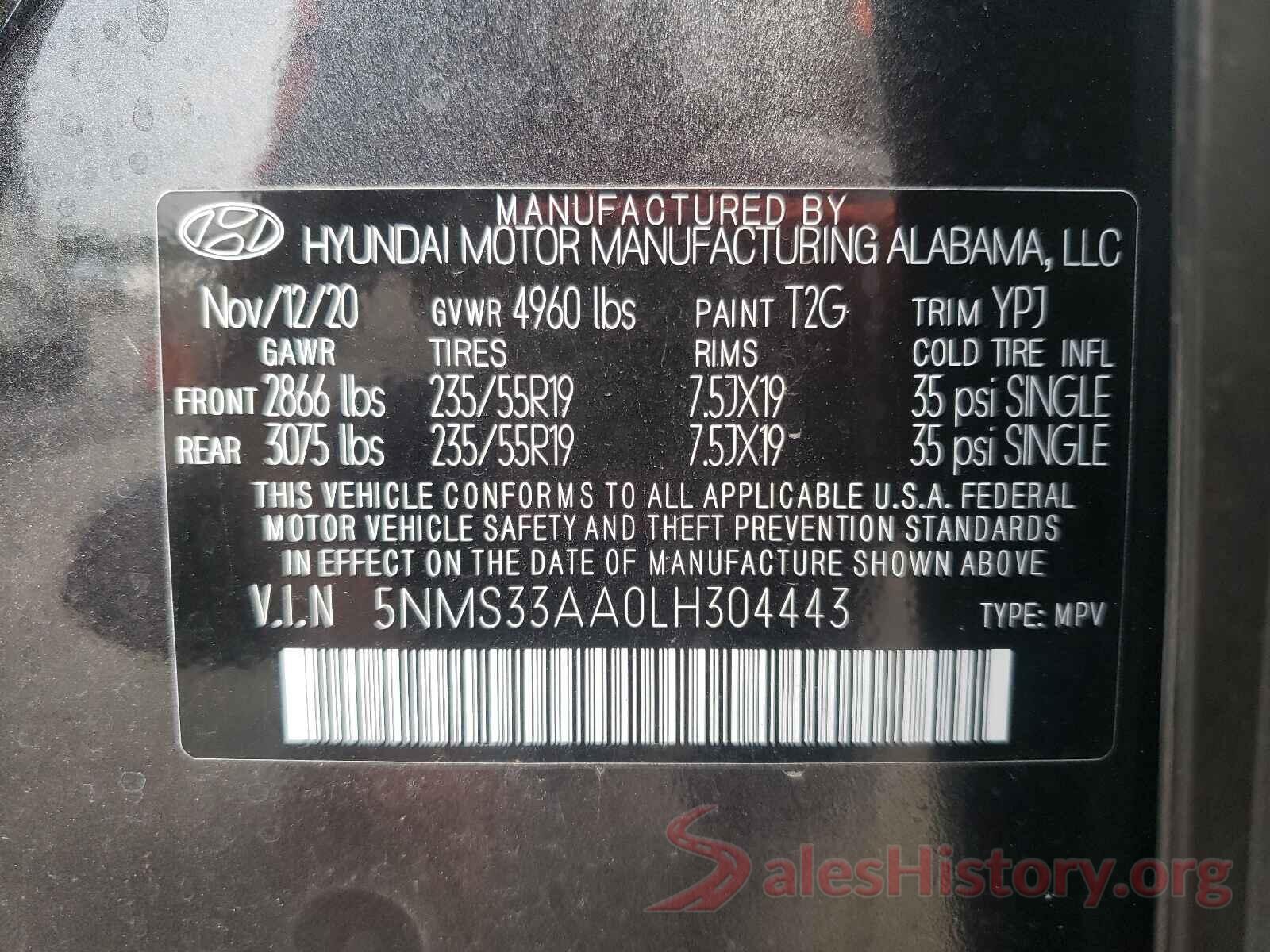 5NMS33AA0LH304443 2020 HYUNDAI SANTA FE