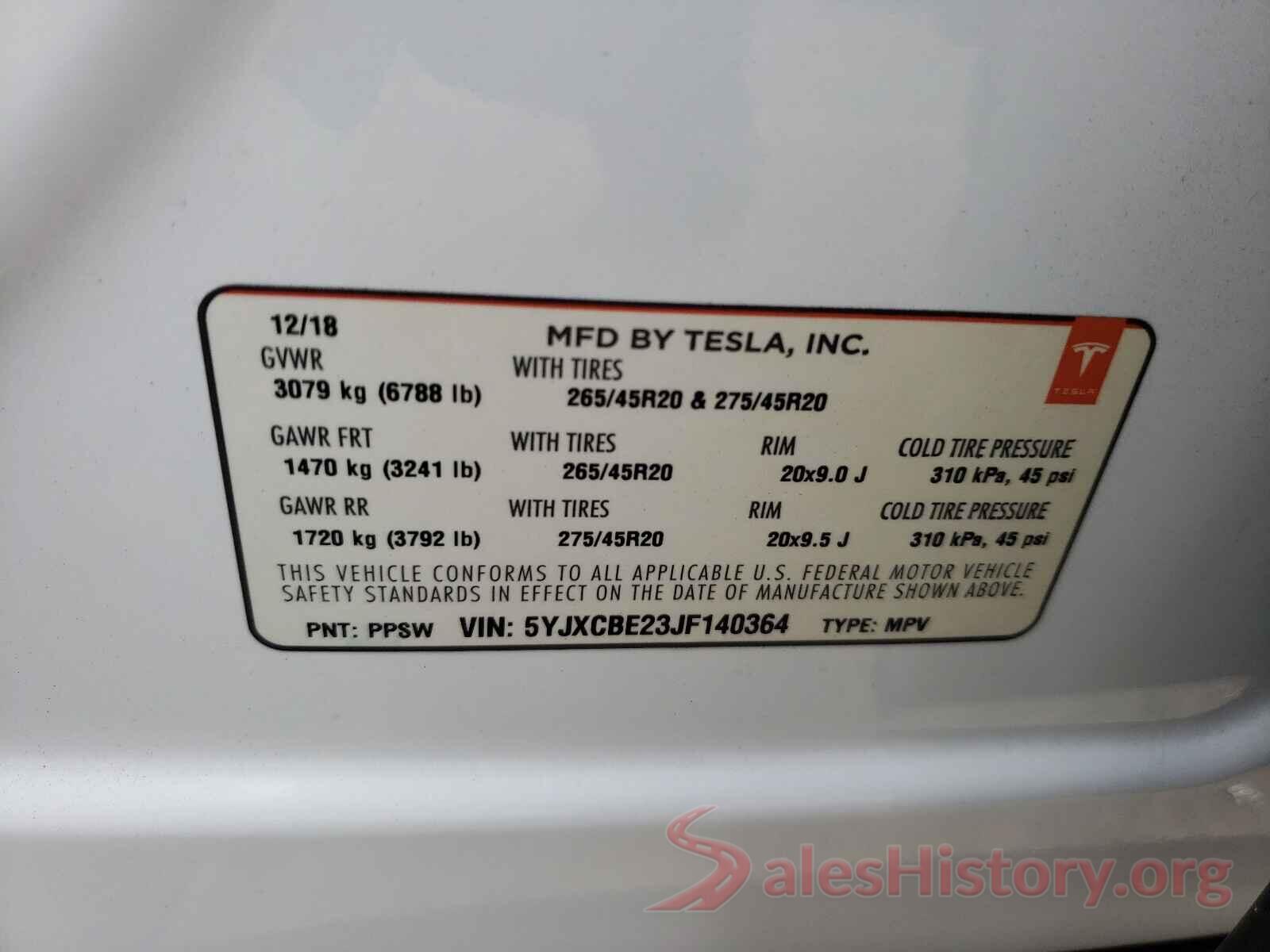 5YJXCBE23JF140364 2018 TESLA MODEL X