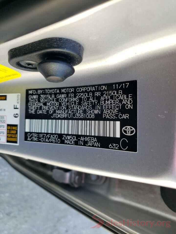 JTDKBRFU1J3581008 2018 TOYOTA PRIUS