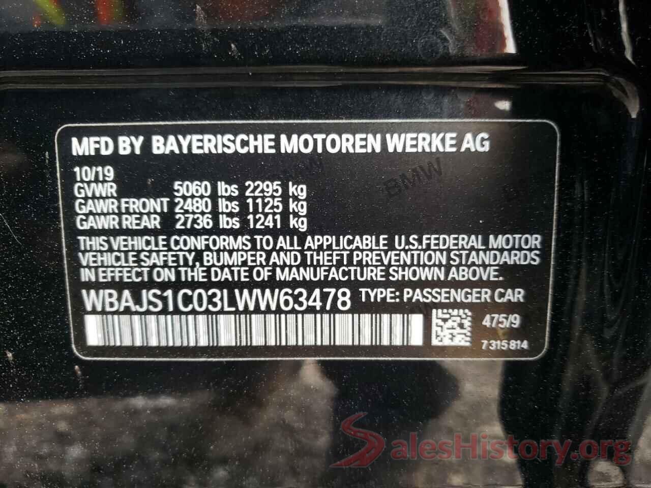 WBAJS1C03LWW63478 2020 BMW 5 SERIES