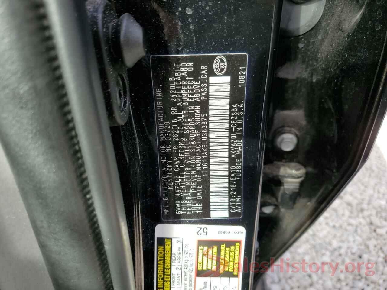 4T1G11AK9LU363875 2020 TOYOTA CAMRY