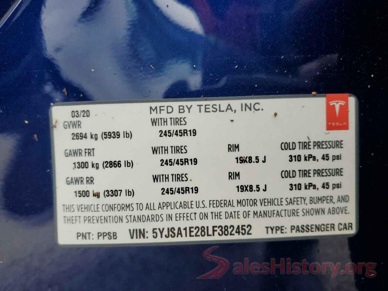 5YJSA1E28LF382452 2020 TESLA MODEL S