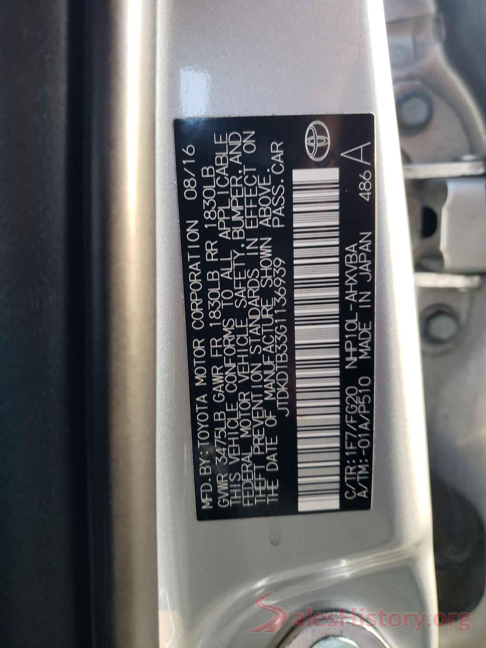 JTDKDTB33G1136939 2016 TOYOTA PRIUS