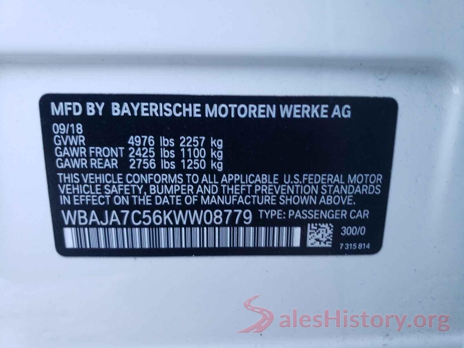 WBAJA7C56KWW08779 2019 BMW 5 SERIES