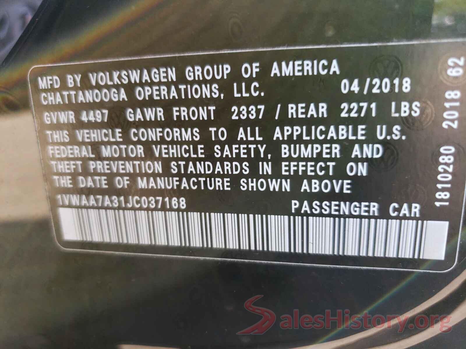 1VWAA7A31JC037168 2018 VOLKSWAGEN PASSAT