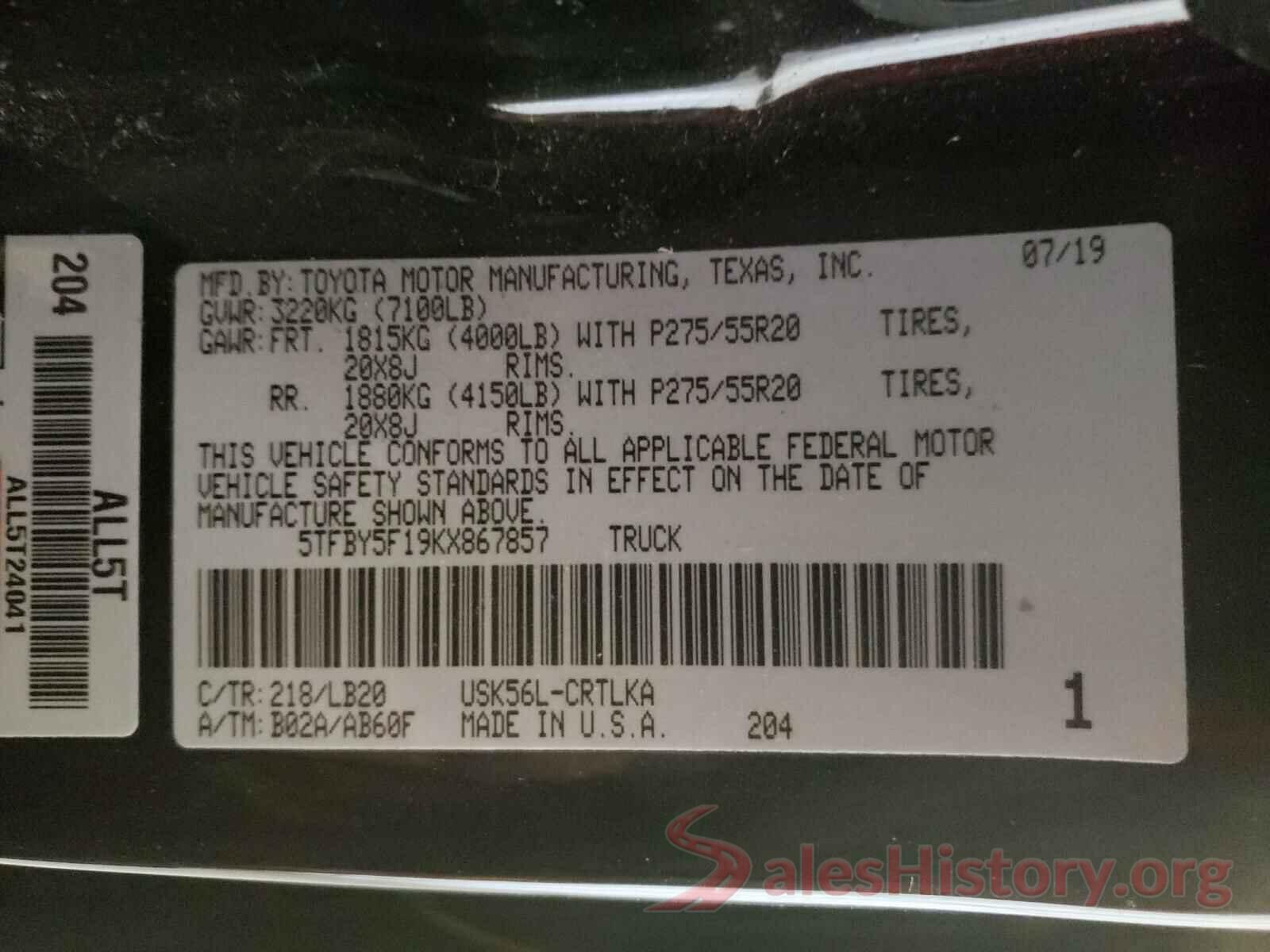 5TFBY5F19KX867857 2019 TOYOTA TUNDRA