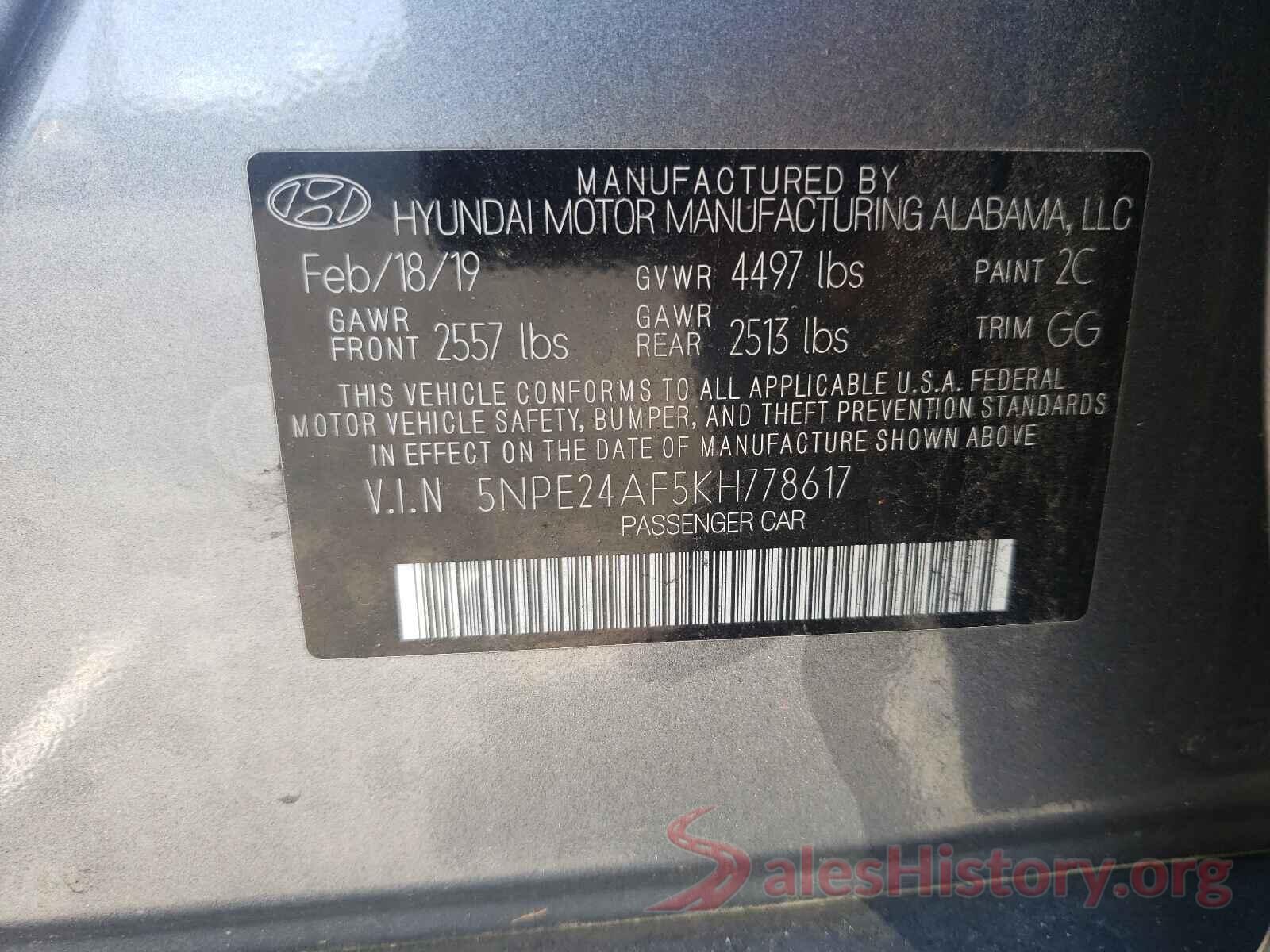 5NPE24AF5KH778617 2019 HYUNDAI SONATA