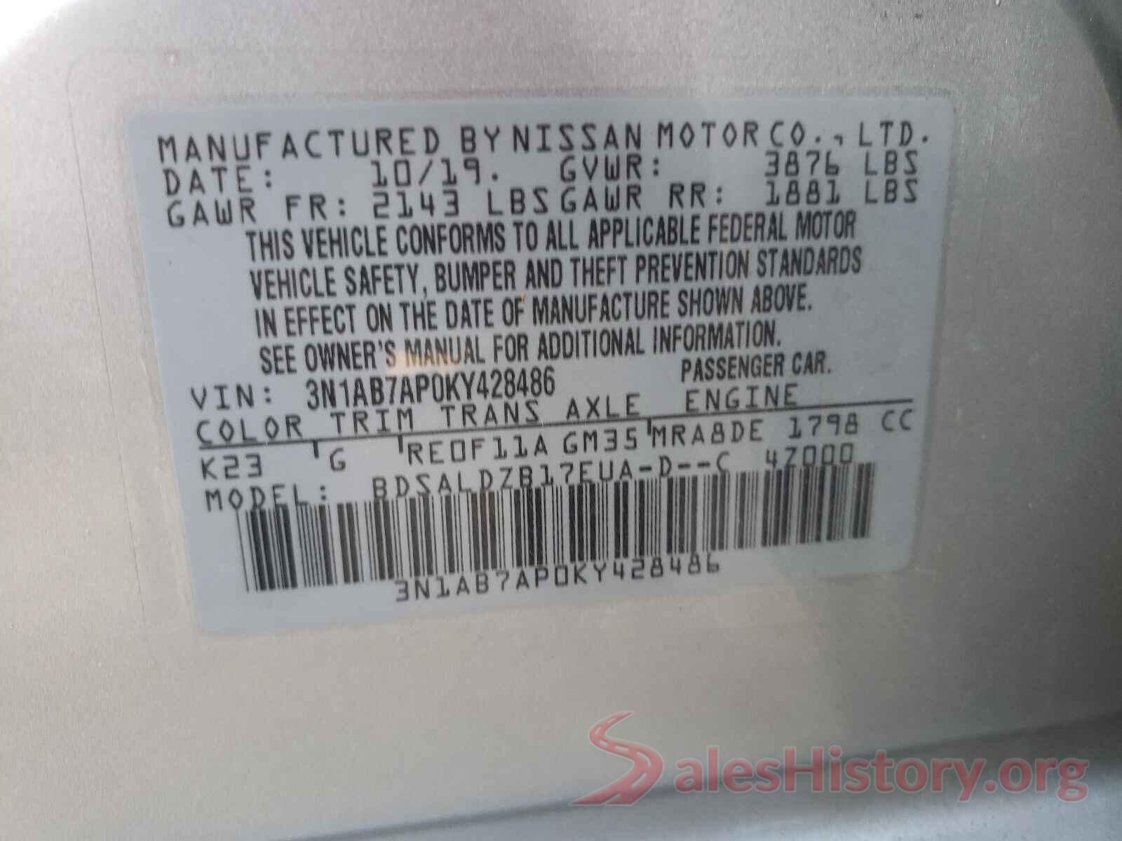 3N1AB7AP0KY428486 2019 NISSAN SENTRA