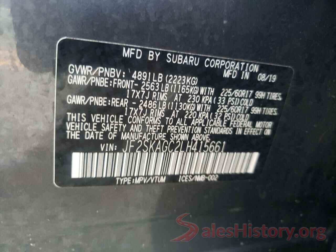 JF2SKAGC2LH415661 2020 SUBARU FORESTER