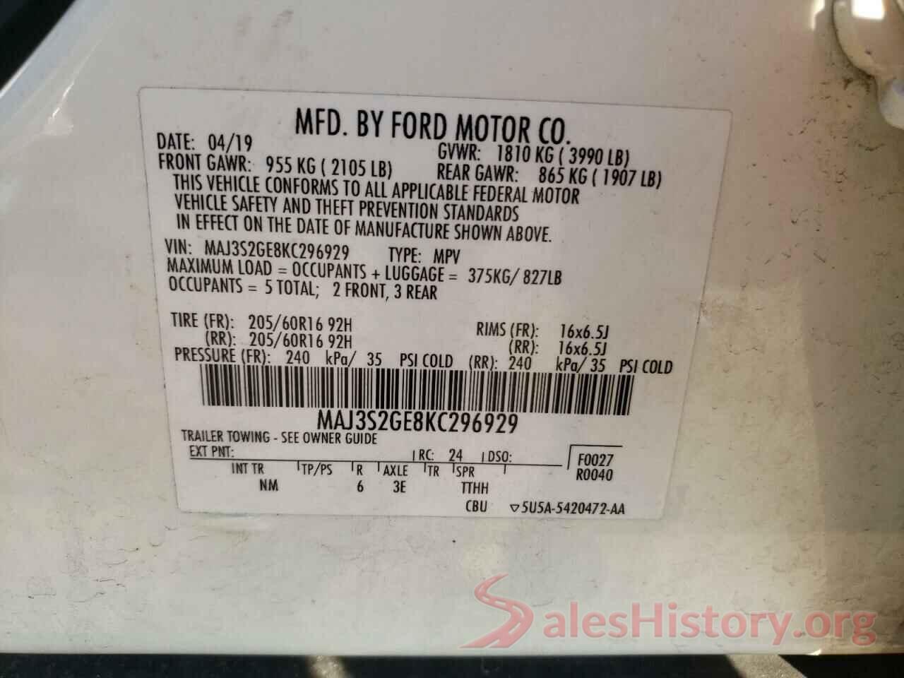 MAJ3S2GE8KC296929 2019 FORD ECOSPORT