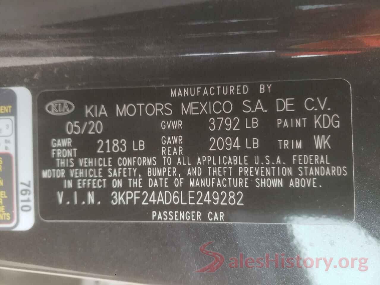 3KPF24AD6LE249282 2020 KIA FORTE