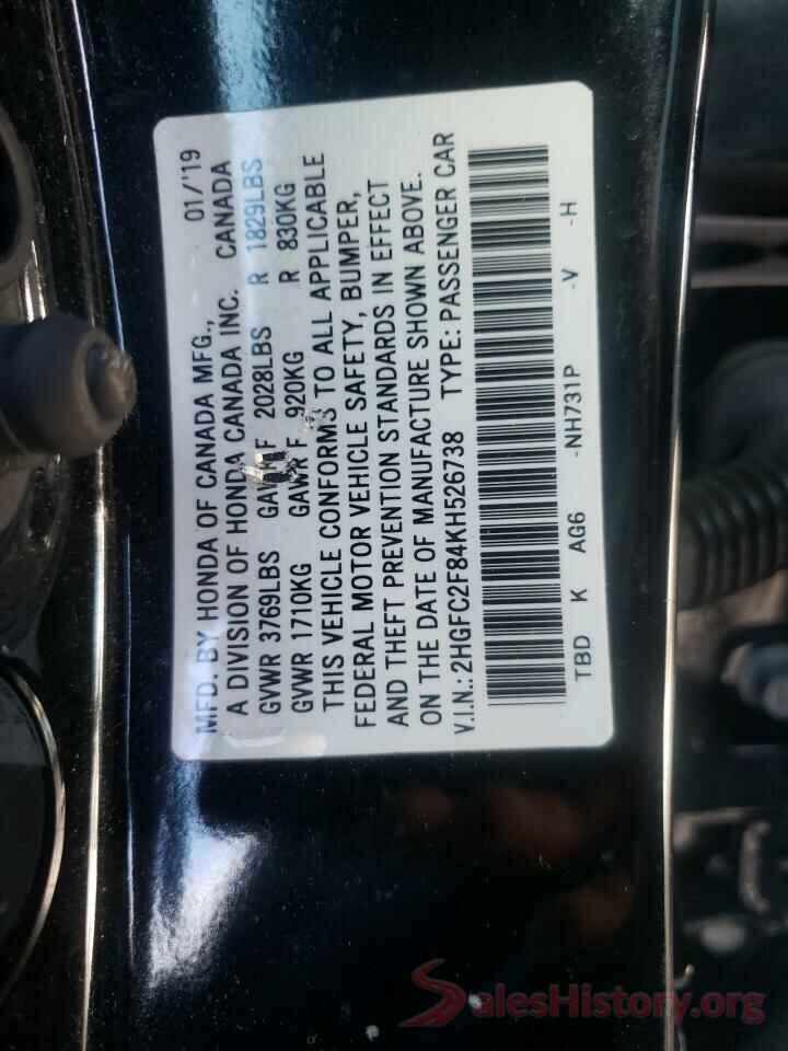 2HGFC2F84KH526738 2019 HONDA CIVIC