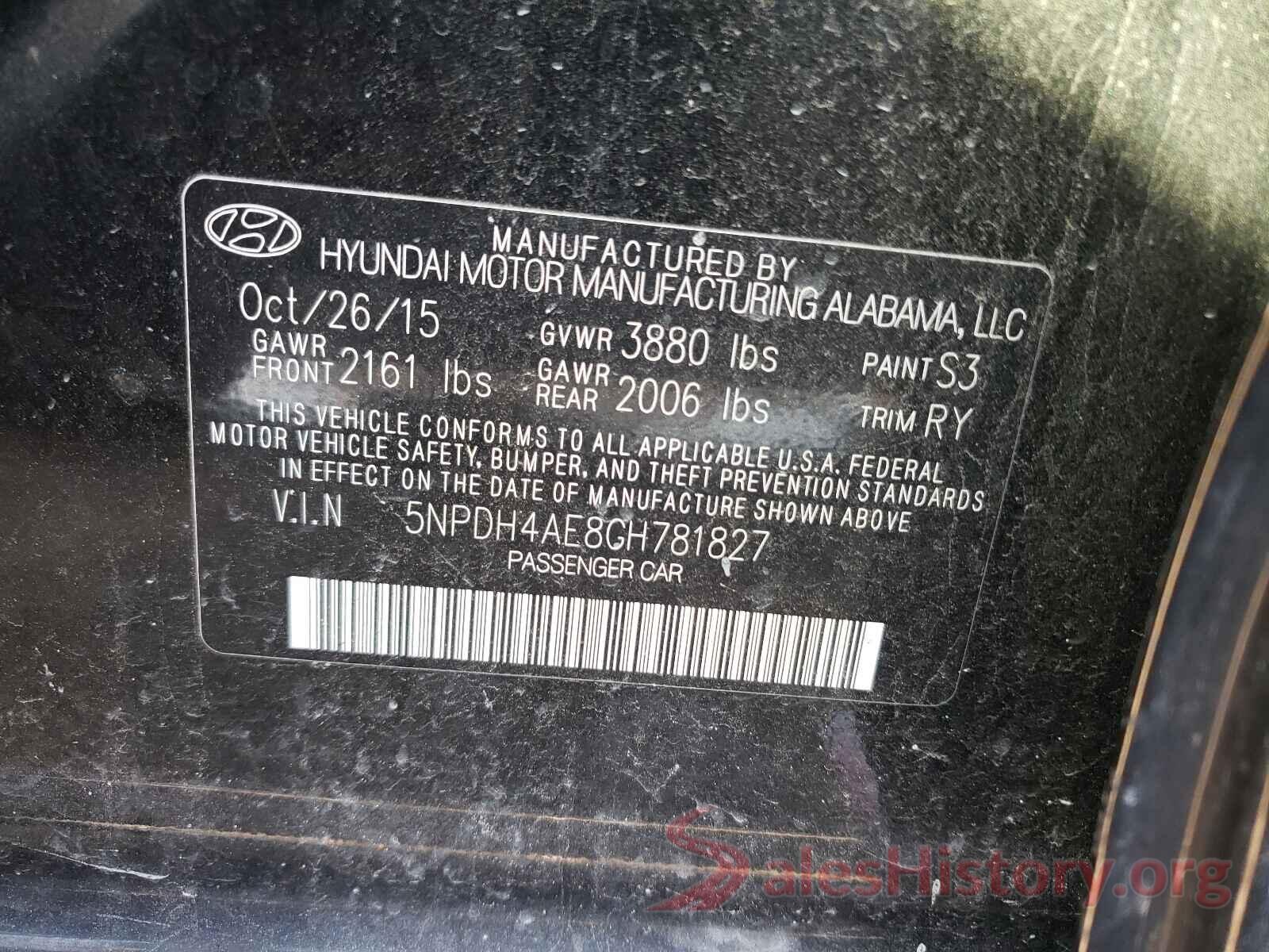 5NPDH4AE8GH781827 2016 HYUNDAI ELANTRA