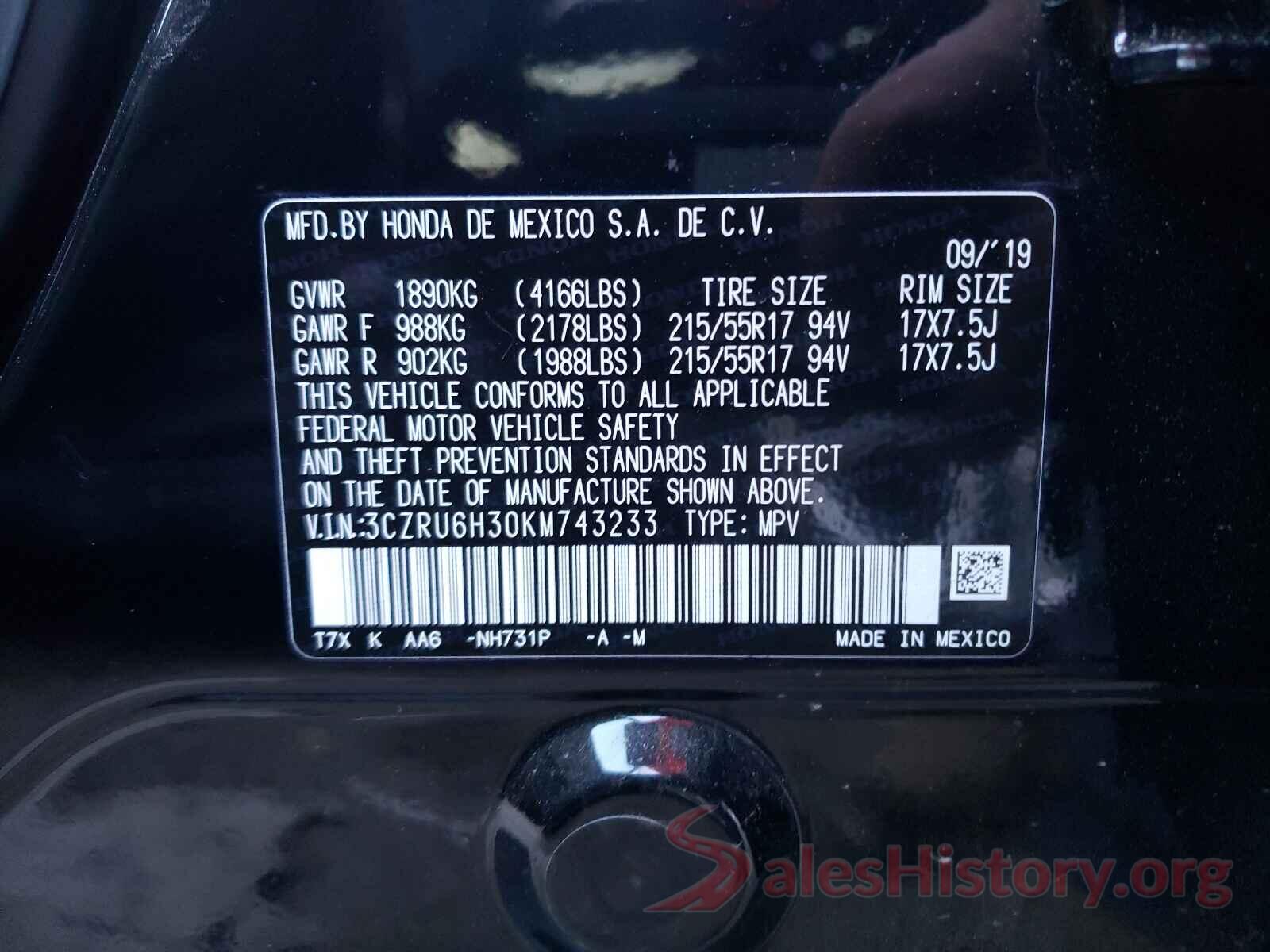 3CZRU6H30KM743233 2019 HONDA HR-V