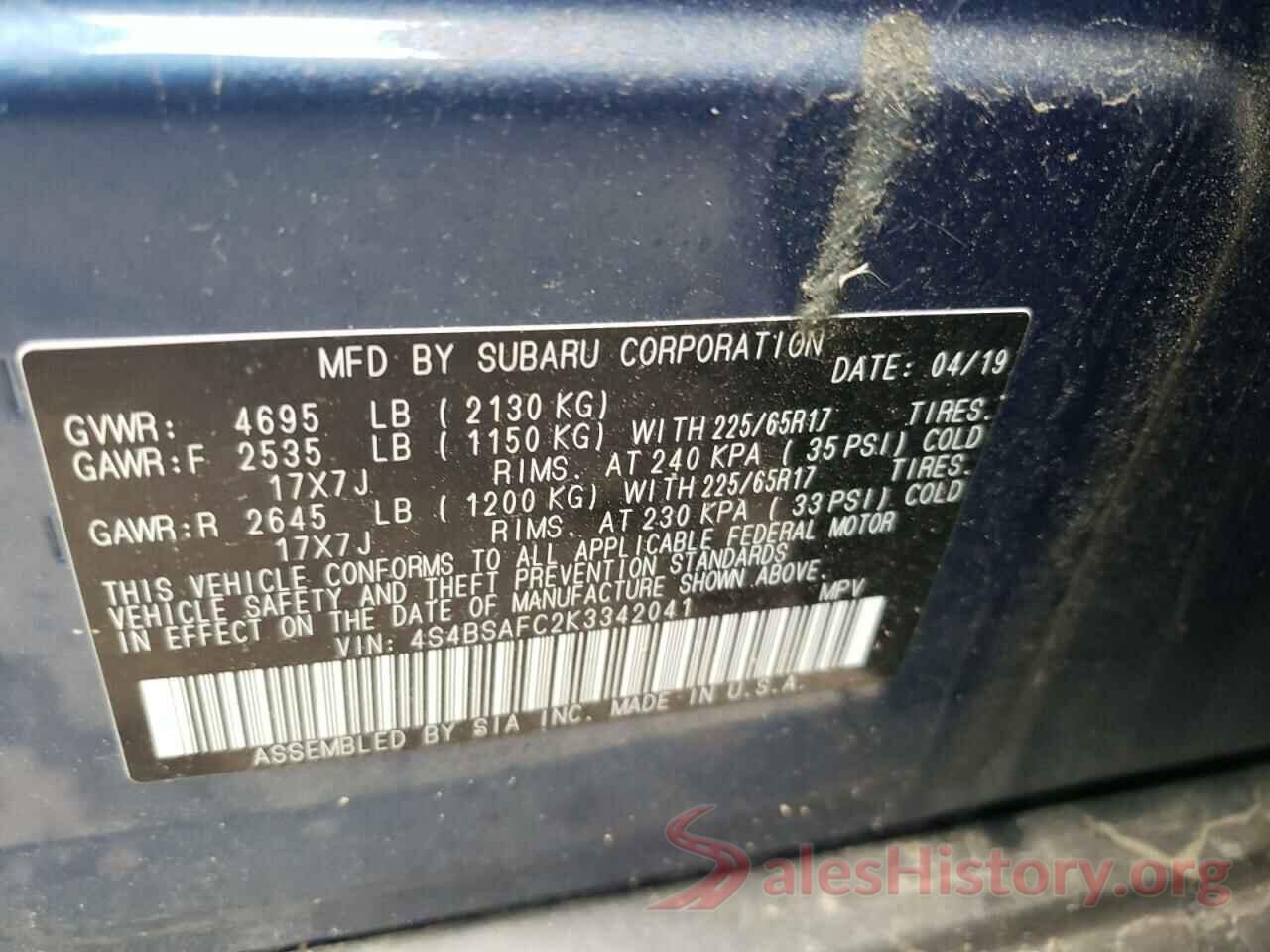 4S4BSAFC2K3342041 2019 SUBARU OUTBACK