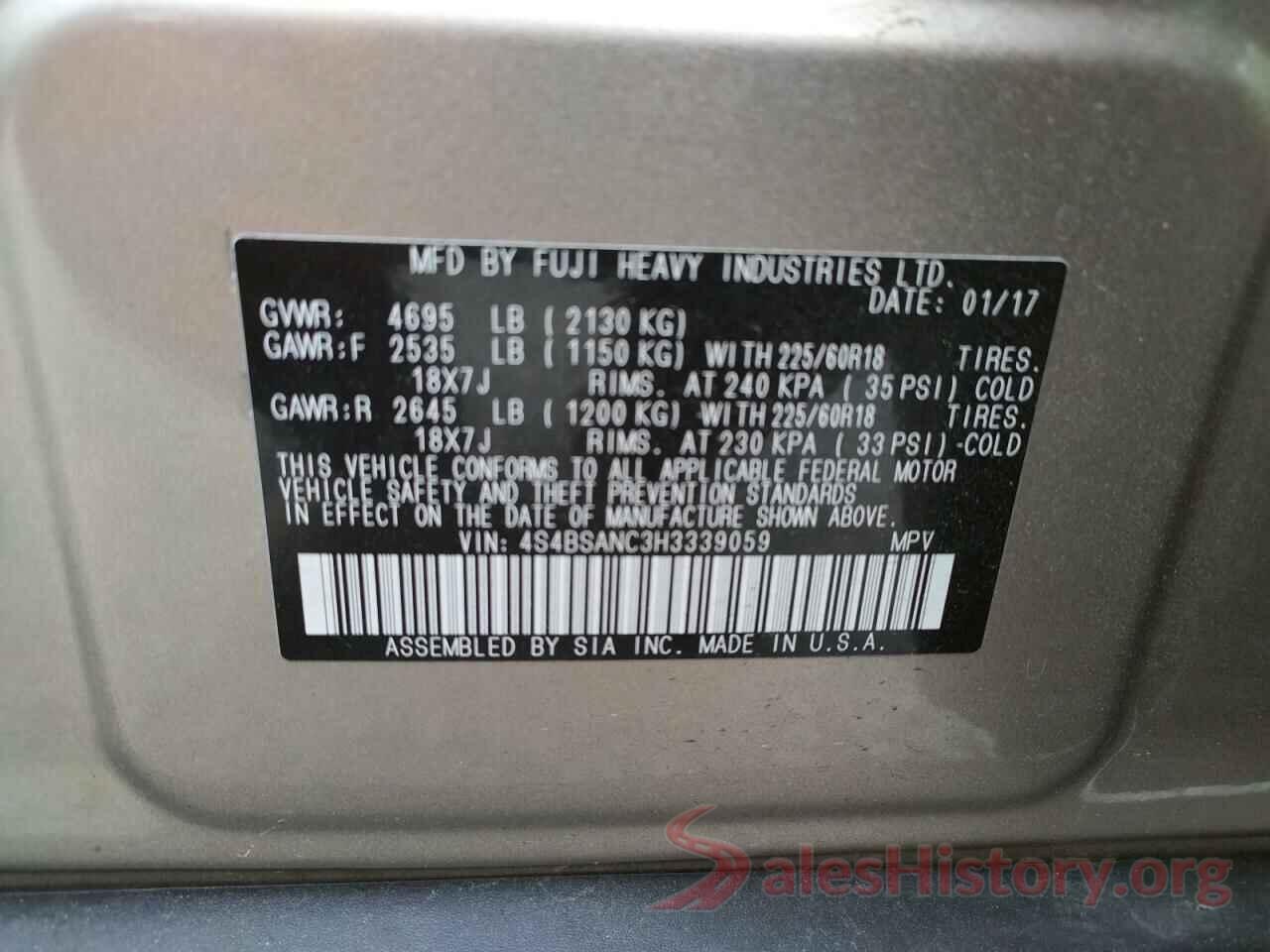 4S4BSANC3H3339059 2017 SUBARU OUTBACK