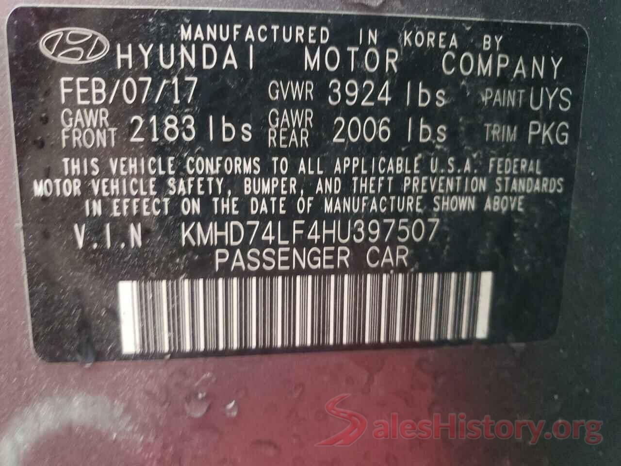 KMHD74LF4HU397507 2017 HYUNDAI ELANTRA