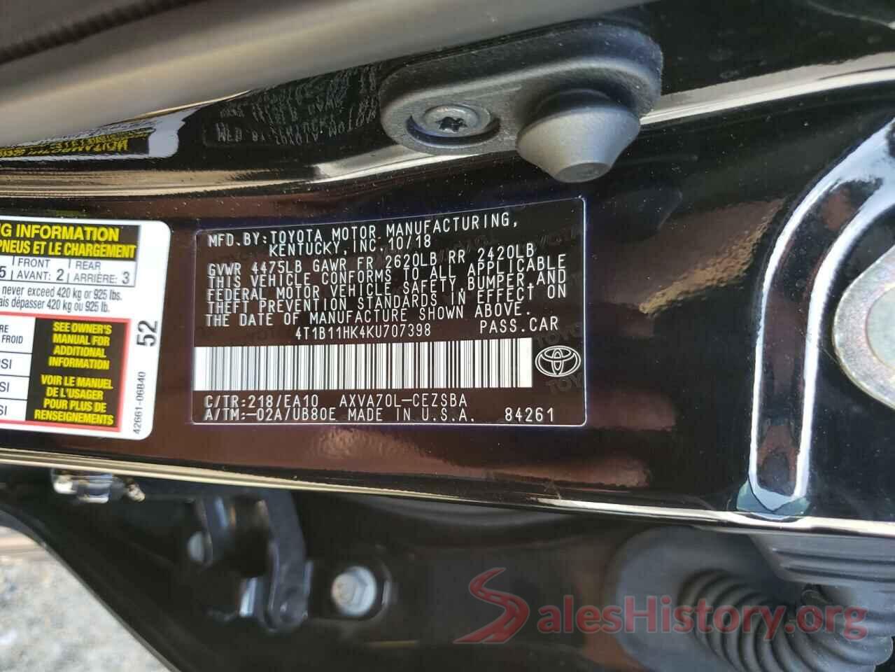 4T1B11HK4KU707398 2019 TOYOTA CAMRY