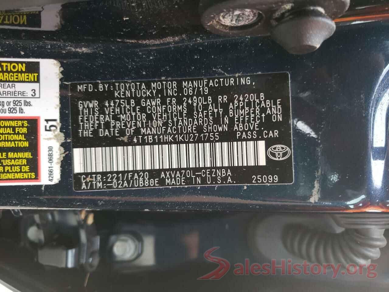 4T1B11HK1KU271755 2019 TOYOTA CAMRY