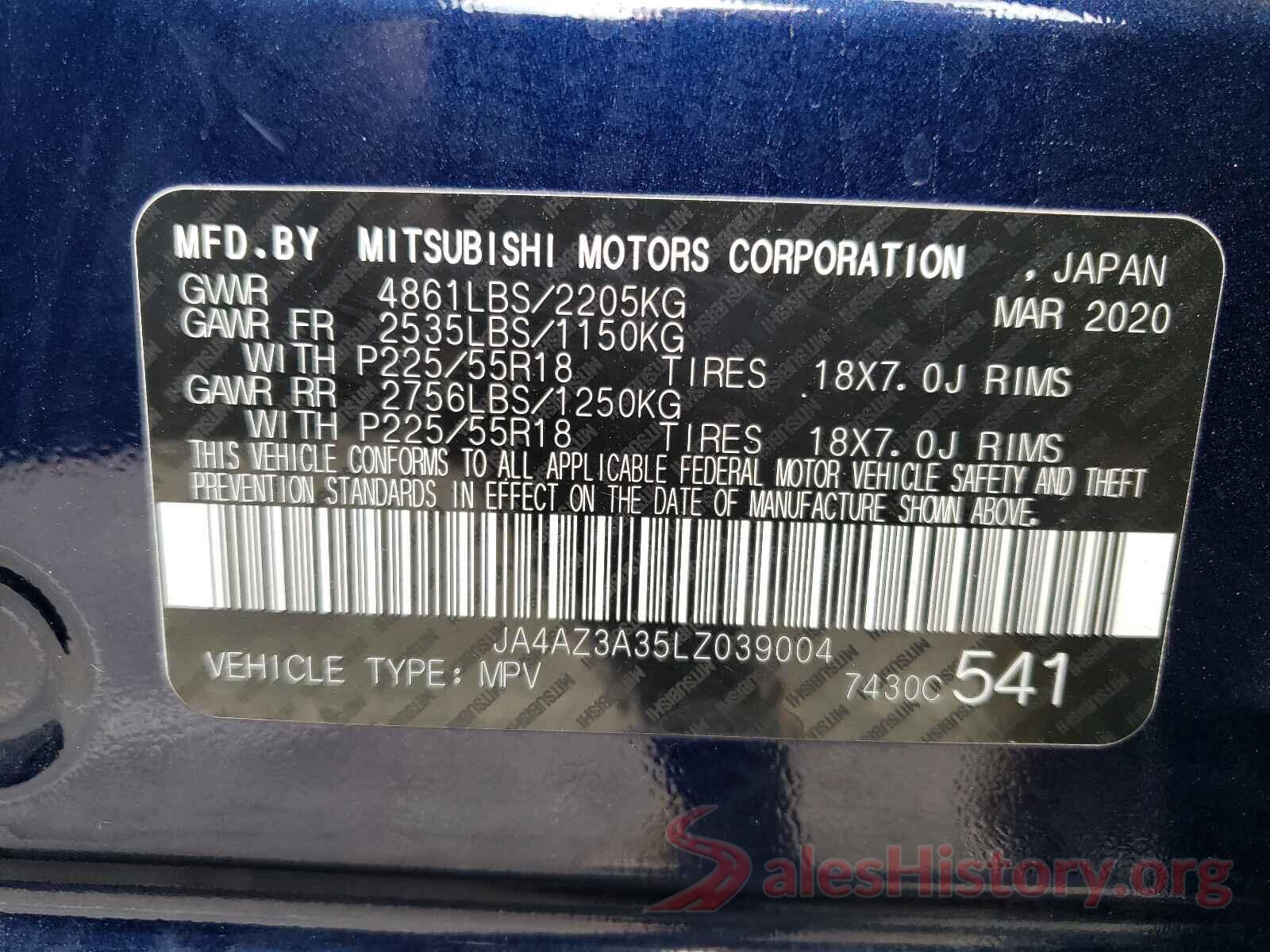 JA4AZ3A35LZ039004 2020 MITSUBISHI OUTLANDER