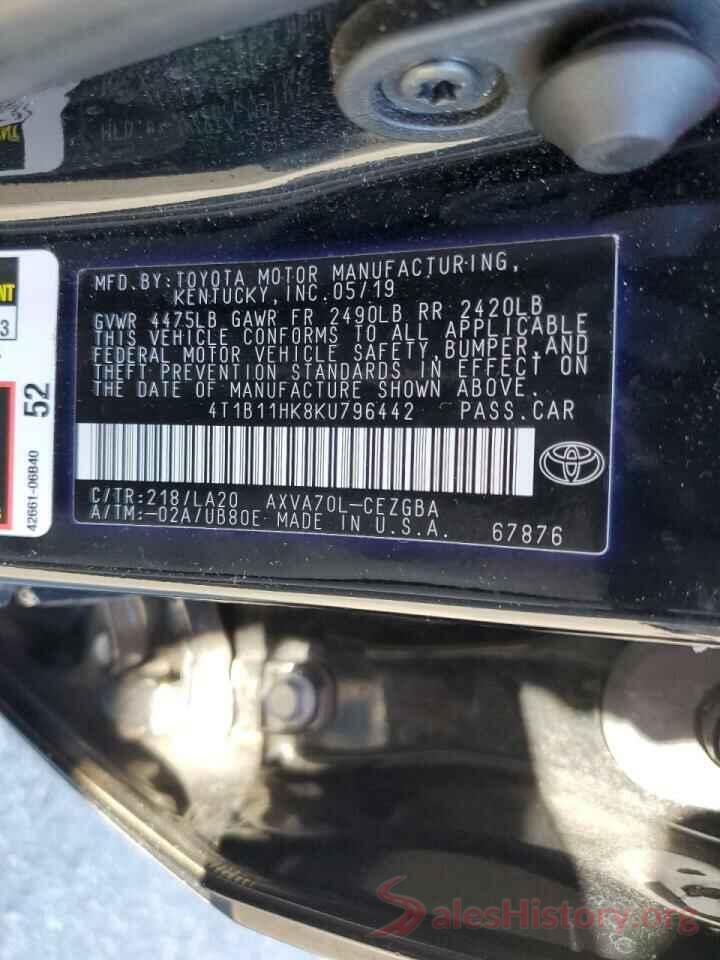 4T1B11HK8KU796442 2019 TOYOTA CAMRY