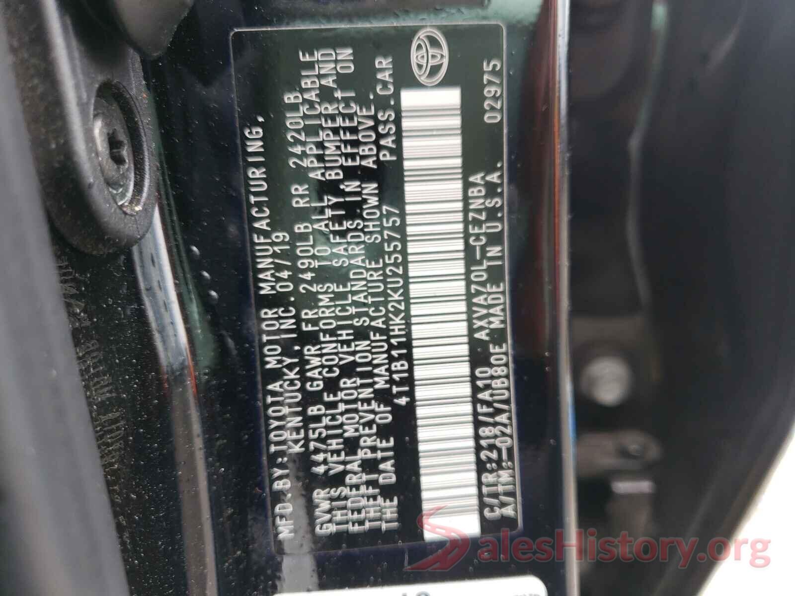 4T1B11HK2KU255757 2019 TOYOTA CAMRY