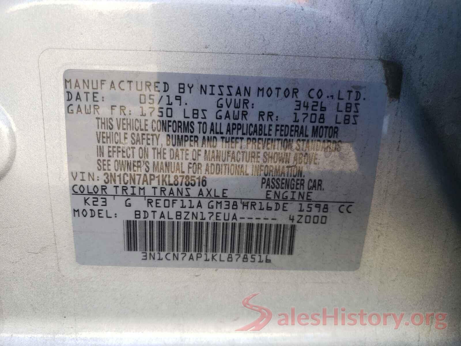 3N1CN7AP1KL878516 2019 NISSAN VERSA