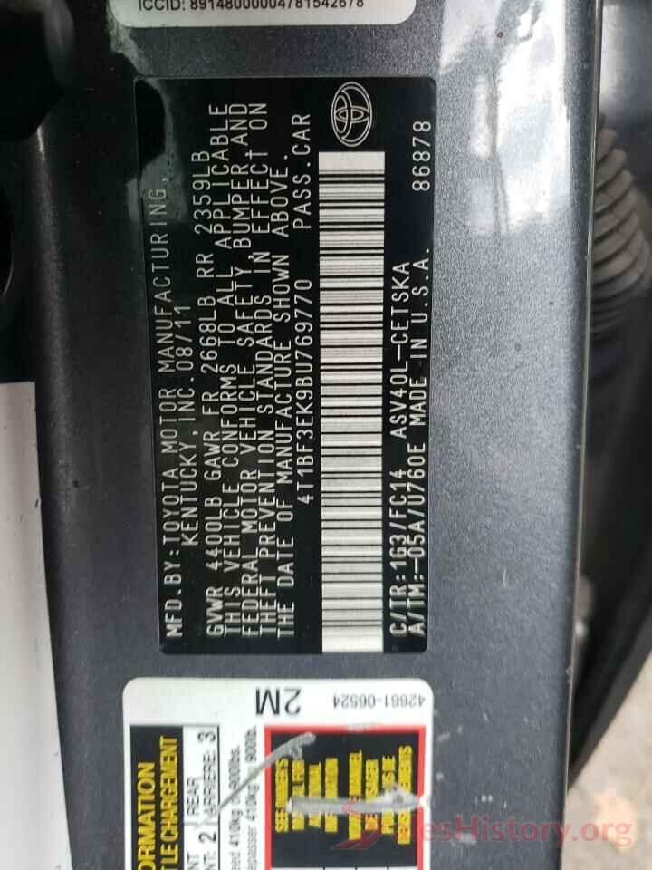 4T1BF3EK9BU769770 2011 TOYOTA CAMRY