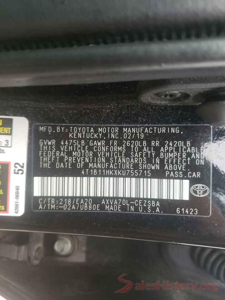 4T1B11HKXKU755715 2019 TOYOTA CAMRY